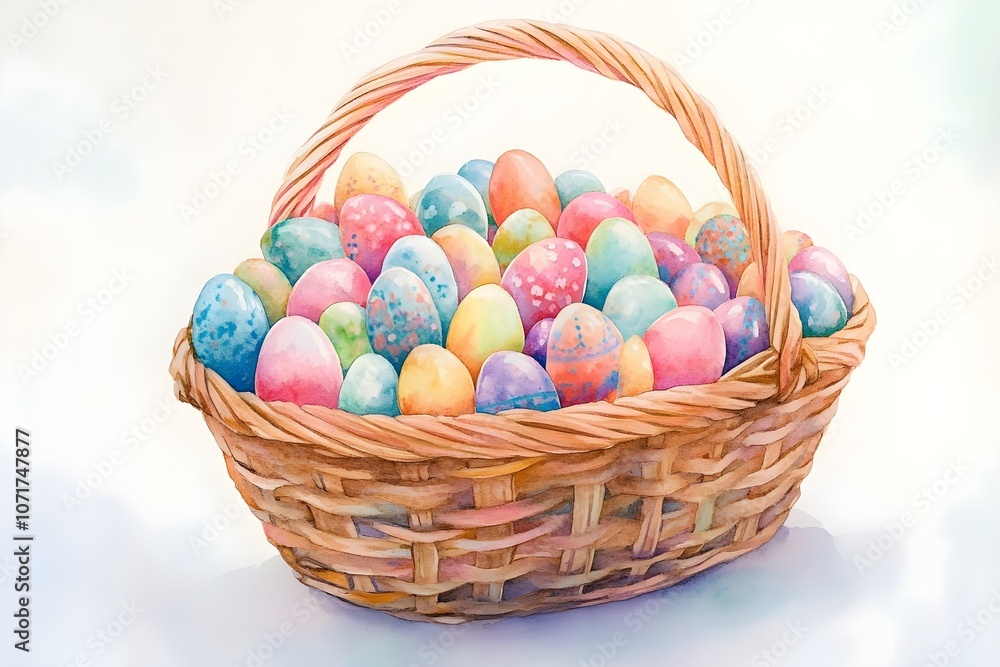 A basket full of Easter eggs in various colors A basket full of Easter eggs in various colors