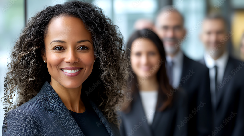 Obraz premium Confident young businesswoman with curly hair leading a diverse team of professionals in a corporate environment