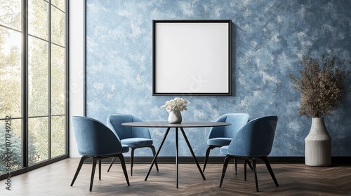 Modern minimalist restaurant design, with a light blue floral wallpaper as the background and a simple black framed canvas as the central focus. Equipped with blue chairs and fresh floral vases