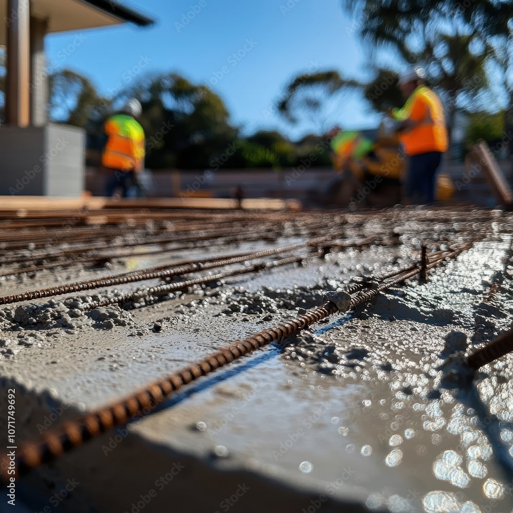 Naklejka premium Construction site with workers pouring concrete in bright sunlight.