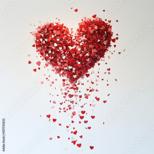 A striking red glass heart falls gracefully towards the ground, shattering into numerous shards.valentines, love, broken heart,