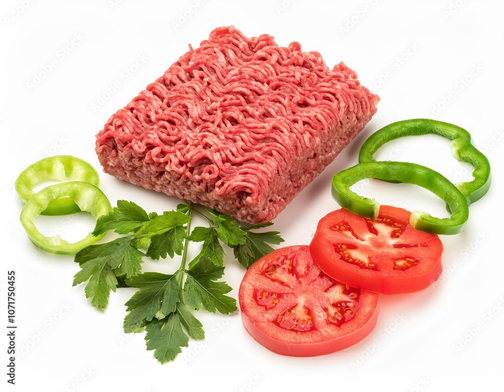 Fresh minced beef meat block with vegetables on white background Fresh minced beef meat block with vegetables on white background
