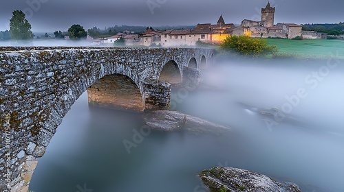 Wallpaper Mural Misty Landscape Featuring a Dilapidated Bridge Spanning Over a Quiet River with Historic Buildings in the Background Captured at Dawn Torontodigital.ca