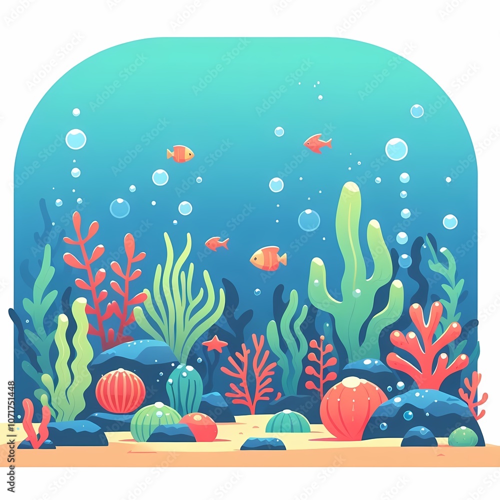 Simple underwater scene with coral and seaweed, Flat style Simple underwater scene with coral and seaweed, Flat style