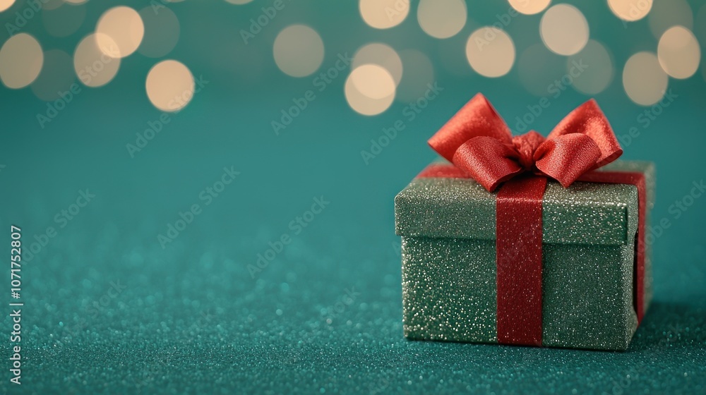 Obraz premium A beautifully wrapped gift box with a red bow sits on a teal surface, surrounded by soft, glowing lights, perfect for festive celebrations.