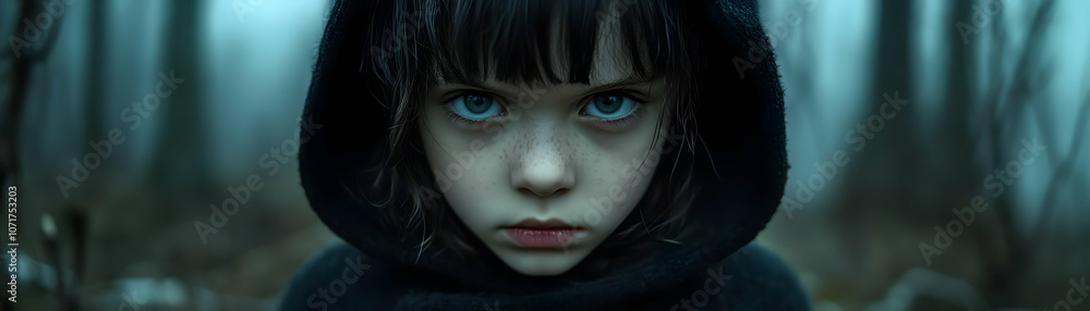 Young Child with Piercing Blue Eyes Stares Intently from Dark Forest Young Child with Piercing Blue Eyes Stares Intently from Dark Forest