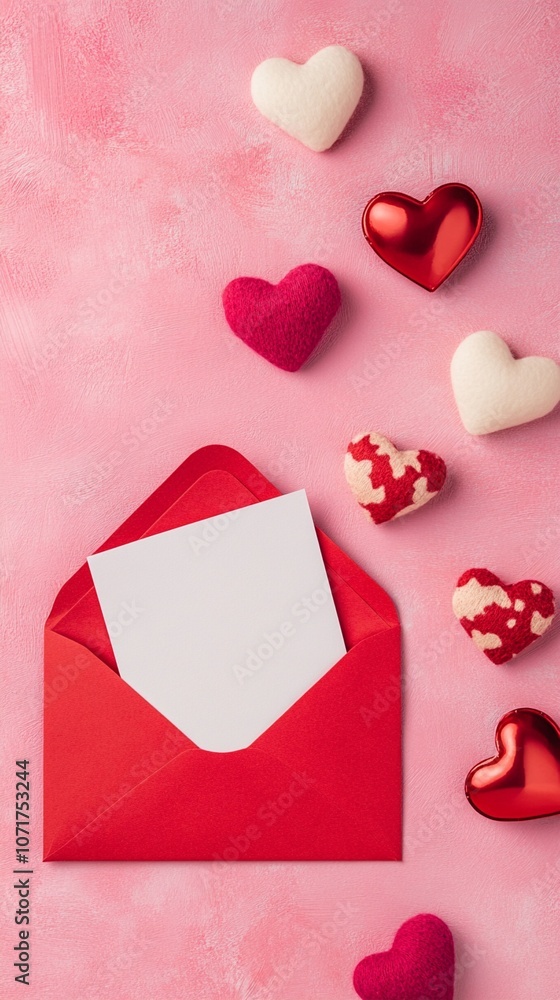 Romantic Valentine's Day composition with red envelope, blank card, and assorted heart decorations on pink background. Love letter concept. Romantic Valentine's Day composition with red envelope, blank card, and assorted heart decorations on pink background. Love letter concept.
