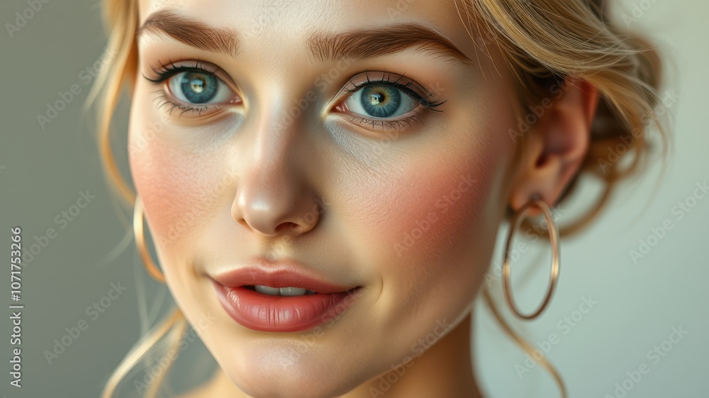 A young woman with blonde hair smiles softly while wearing gold hoop earrings A young woman with blonde hair smiles softly while wearing gold hoop earrings