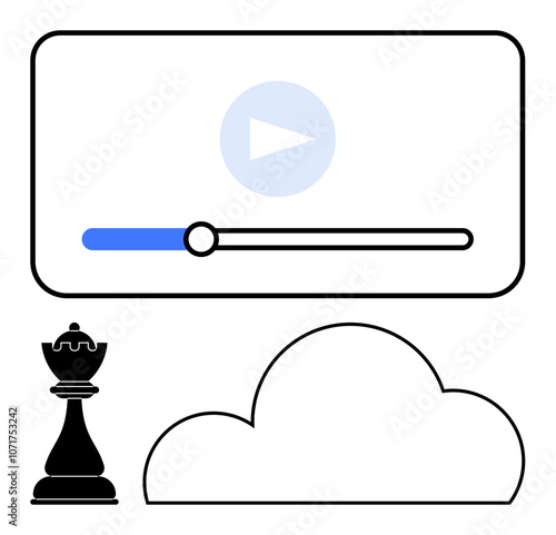 Video player interface, cloud icon, and chess rook. Ideal for tech, education, strategy entertainment cloud services online learning digital media. Line metaphor. Line metaphor. Simple line icons