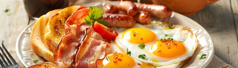 Delicious Breakfast with Bacon, Eggs, Sausage & Toast Delicious Breakfast with Bacon, Eggs, Sausage & Toast