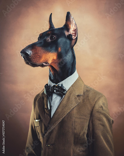 Perro doberman con traje vintage