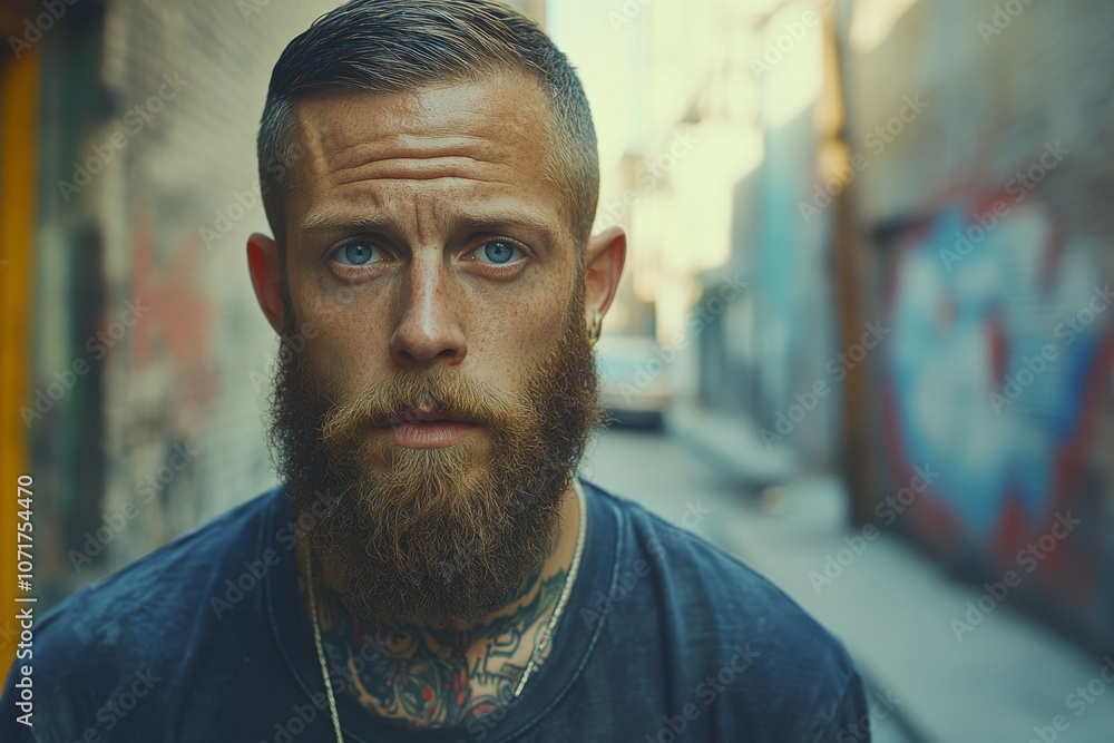 Fototapeta premium Young man with tattoos and beard. Generative AI