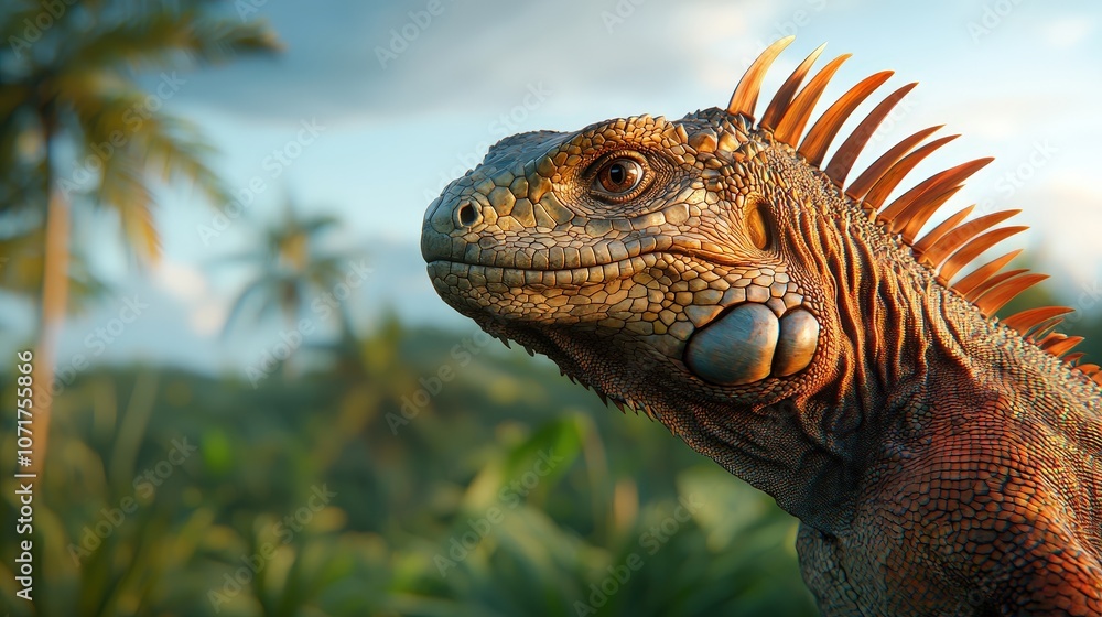 Obraz premium Iguana Portrait with Colorful Spines in Tropical Jungle