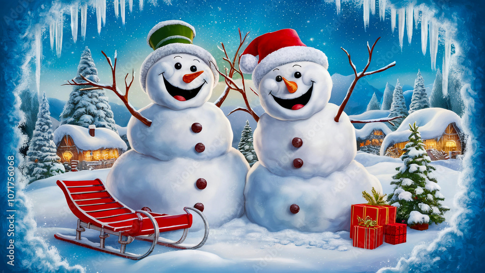 Obraz premium snowman and christmas tree