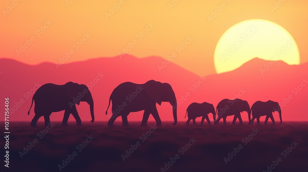 Fototapeta premium African Elephant Herd Silhouette at Sunset Savannah Landscape Wildlife Photography
