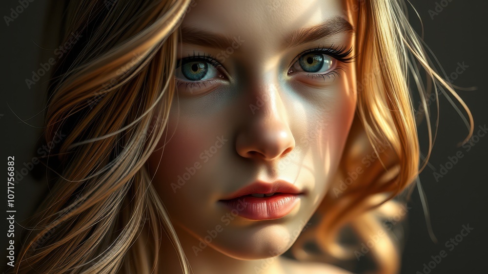 A woman with long, blonde hair stares intently into the camera A woman with long, blonde hair stares intently into the camera