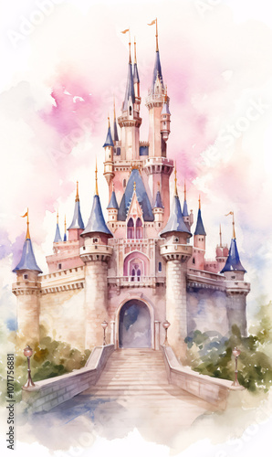 A romantic fairytale castle perched on a hill with a driveway. Fantasy fairy tale world. Watercolor painting style.