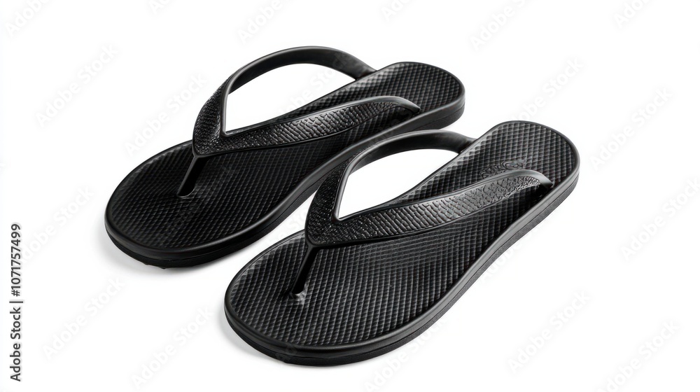 Classic black rubber flip-flops, isolated on white, representing simple and casual beachwear Classic black rubber flip-flops, isolated on white, representing simple and casual beachwear