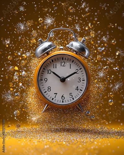 Vibrant alarm clock surrounded by sparkling glitter