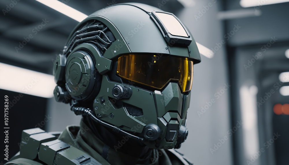 Fototapeta premium technology modern AI innovations futuristic advanced military helmet showcase close up