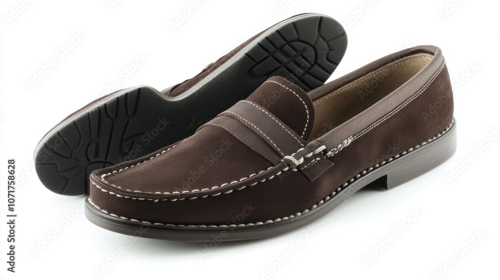 Classic loafers in dark brown suede, isolated on white, representing sophisticated fashion Classic loafers in dark brown suede, isolated on white, representing sophisticated fashion