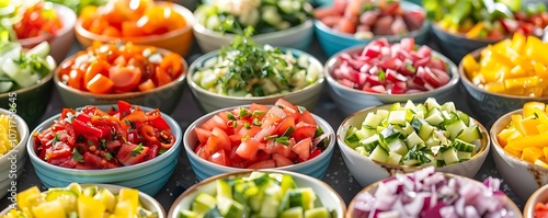 Colorful Chopped Vegetables: Tomatoes, Cucumbers, Onions, and More for Fresh Salads