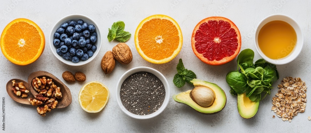 A colorful arrangement of fruits, nuts, and seeds promoting healthy eating. A colorful arrangement of fruits, nuts, and seeds promoting healthy eating.