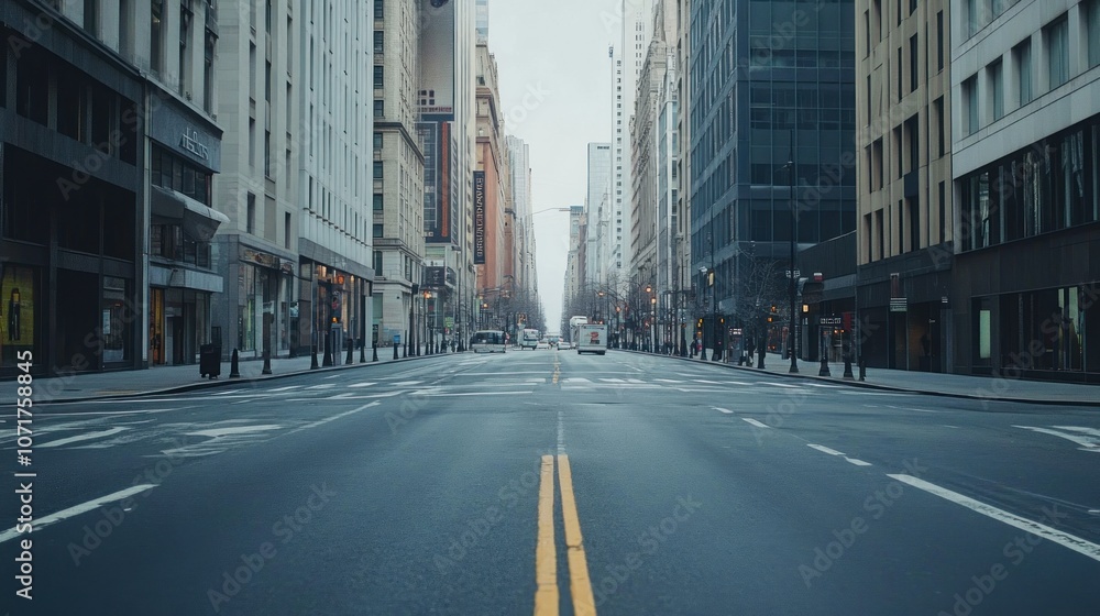 Obraz premium A deserted city street lined with tall buildings, conveying a sense of stillness.
