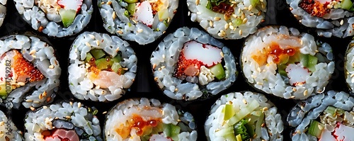 Delicious Sushi Rolls with Rice, Seafood, and Vegetables