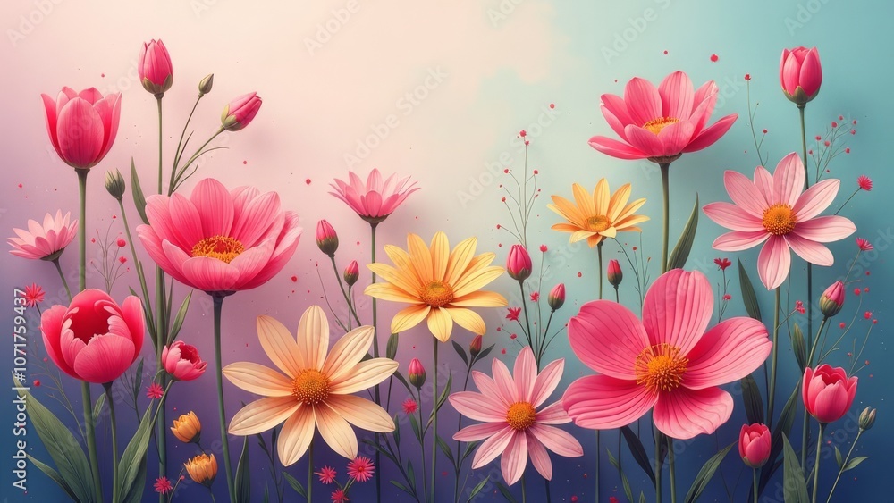 Vibrant spring blossoms against a pastel gradient background Vibrant spring blossoms against a pastel gradient background