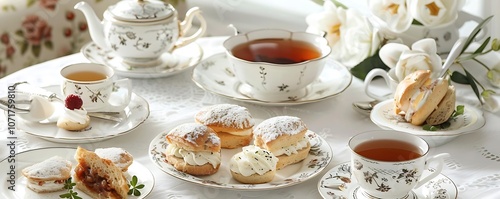 Afternoon Tea with Cream Puffs, Scones, and Tea in Elegant Setting - Photo