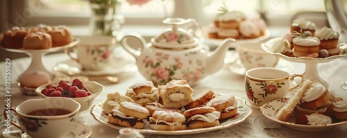 Wallpaper Mural Cream Filled Pastries and Tea on a White Tablecloth, Illustration Torontodigital.ca