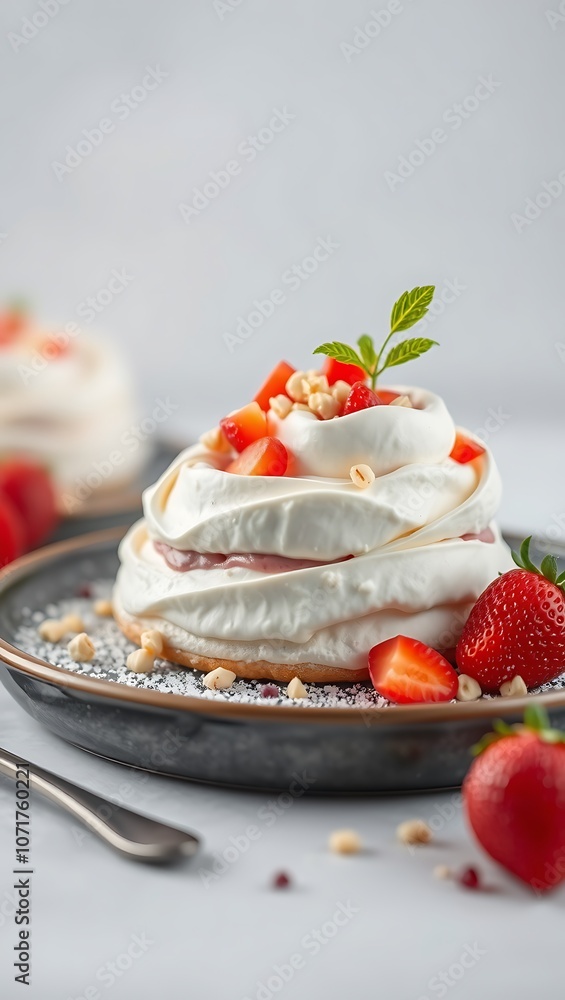 Delicious Pavlova meringue cake with fresh strawberry and whipped cream mascarpone with mint leaf Delicious Pavlova meringue cake with fresh strawberry and whipped cream mascarpone with mint leaf