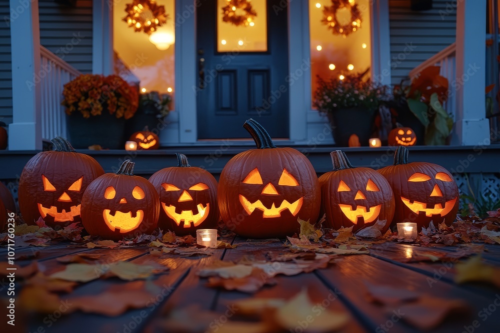 Obraz premium Carved pumpkins with glowing candles on outdoor wooden porch, surrounded by autumn leaves and soft night lights, creating a cozy Halloween atmosphere.