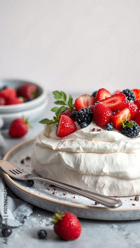Delicious Pavlova meringue cake with fresh strawberry and whipped cream mascarpone with mint leaf Delicious Pavlova meringue cake with fresh strawberry and whipped cream mascarpone with mint leaf