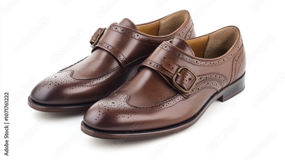 Luxurious leather monk strap shoes in deep brown, isolated on white, ideal for a refined look Luxurious leather monk strap shoes in deep brown, isolated on white, ideal for a refined look