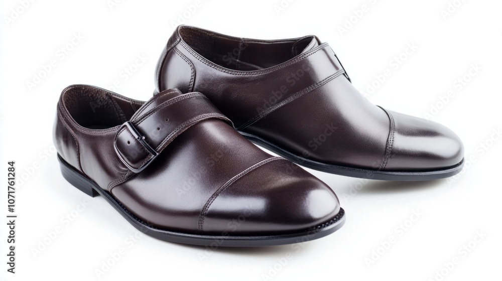 Luxurious leather monk strap shoes in deep brown, isolated on white, ideal for a refined look Luxurious leather monk strap shoes in deep brown, isolated on white, ideal for a refined look