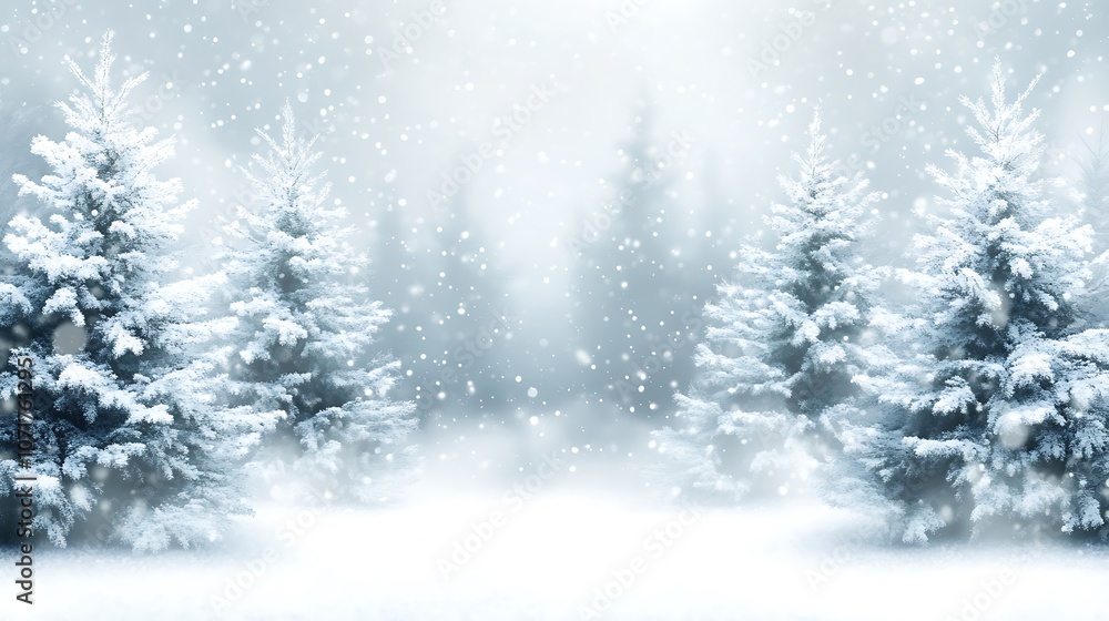 A serene winter landscape with snow-covered trees and falling snowflakes. A serene winter landscape with snow-covered trees and falling snowflakes.