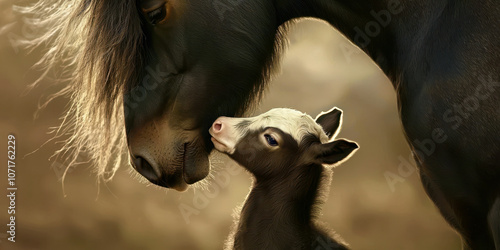 A baby horse is being nuzzled by a mother horse photo