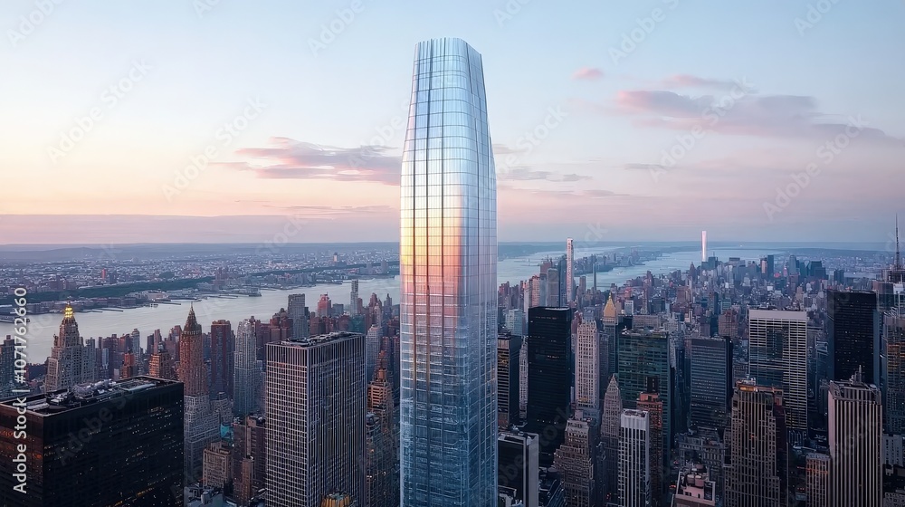 Fototapeta premium Modern Glass Skyscraper with City Skyline and River at Sunset