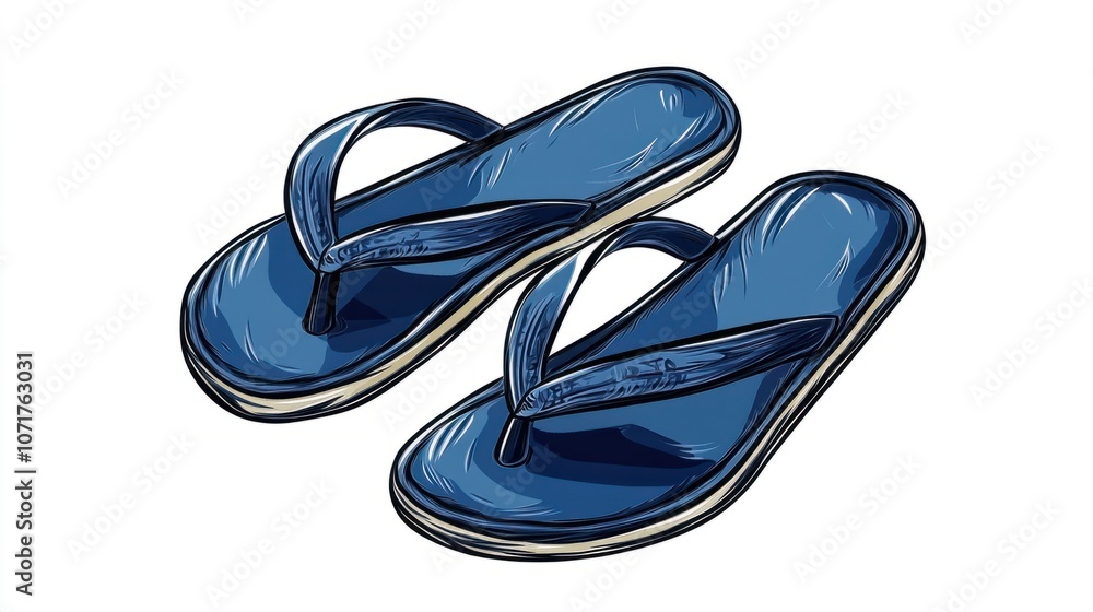 Obraz premium Simple flip-flops in dark blue, isolated on white, representing casual and beachwear themes