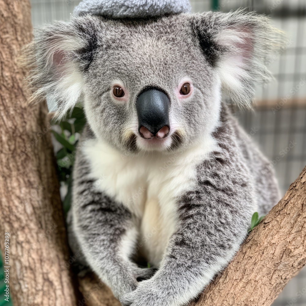 Naklejka premium A cute koala wearing a beanie hat sitting on a tree branch.