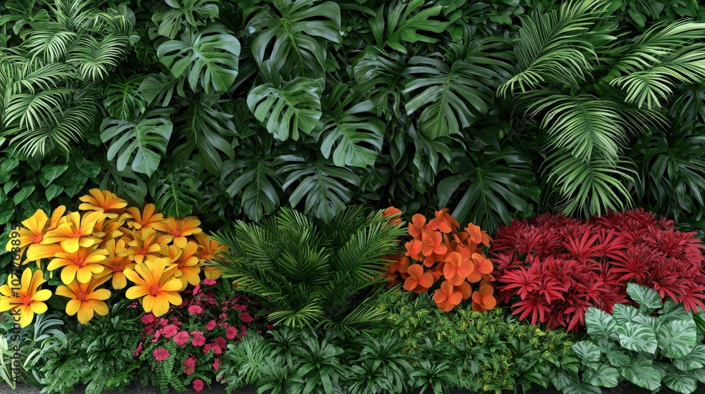 Lush Tropical Foliage and Vibrant Flowers Jungle Wall Nature Background 3D Render Lush Tropical Foliage and Vibrant Flowers Jungle Wall Nature Background 3D Render