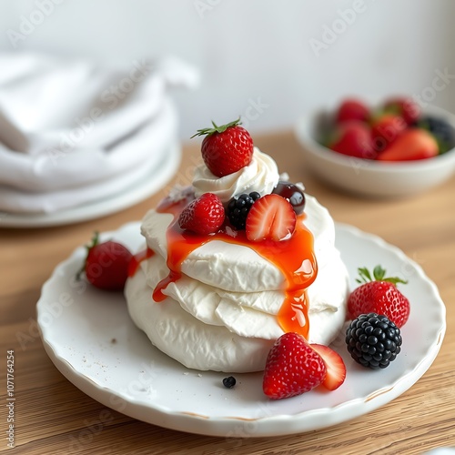 Delicious Pavlova meringue cake with fresh strawberry and whipped cream mascarpone with mint leaf