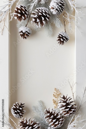 Snowy Pine Cones and Branches Surrounding a Blank Space.