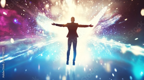 Wallpaper Mural A man in a suit standing with his arms outstretched, surrounded by a vibrant, swirling display of light and energy.  Torontodigital.ca