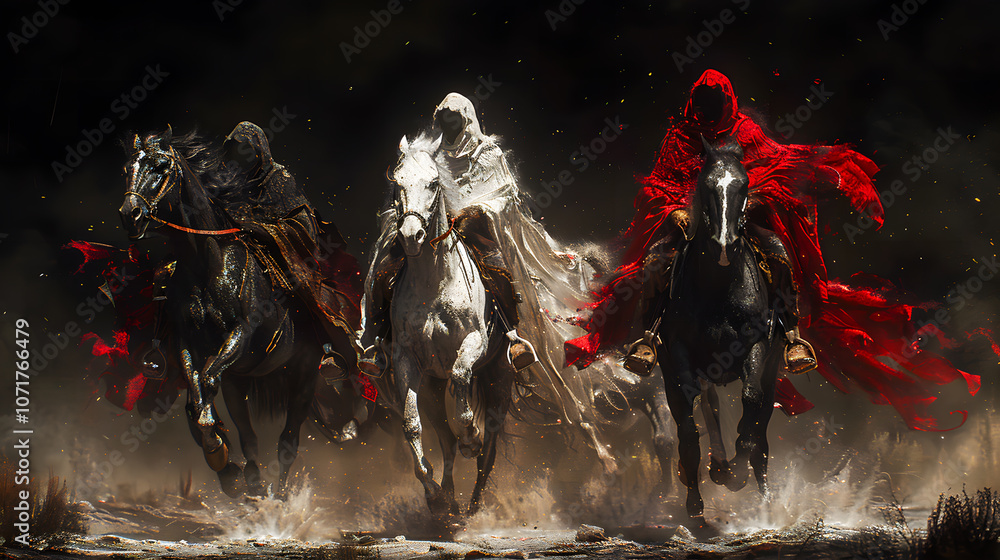 Fototapeta premium Four Horsemen of the Apocalypse - white for conquest, red for war, black for pestilence or famine, and pale for death - black background - desert landscape
