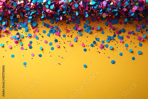 A vibrant yellow background with colorful confetti and glitter falling from the top, creating an enchanting atmosphere for celebration or special events.