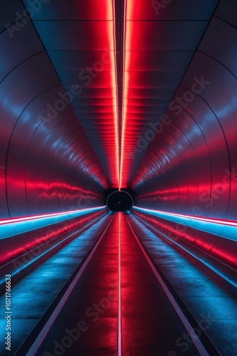 A Futuristic Tunnel Illuminated by Red and Blue Neon Lights. photo