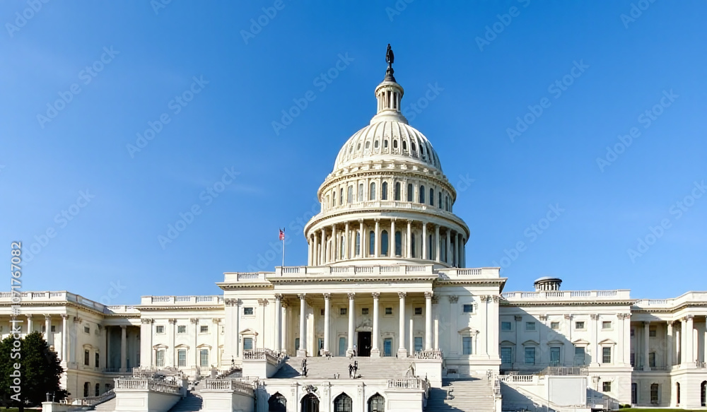 Obraz premium us congress building blue sky white flags stairs columns pillars scaffolding capitol hill